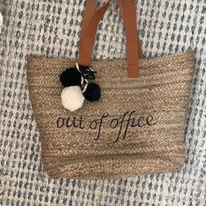 J. Crew Straw Tote with Tan Handles and Black & White Pom Detail